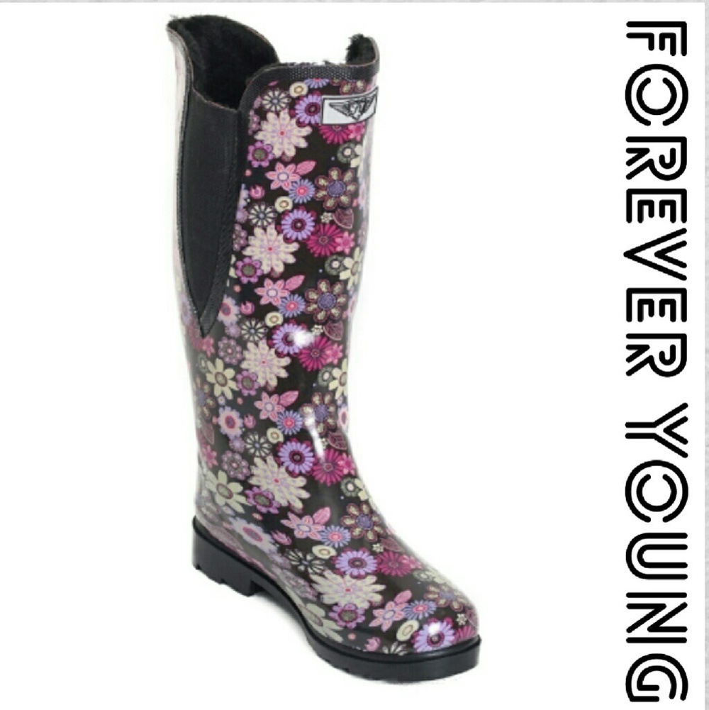 Women's Rain Boots, Tall Rubber Faux Fur Lined RainBoots, RB-1526, size 6